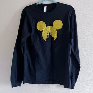 Disney Mickey w/ Castle Silhouette Black Long Sleeve Shirt with Gold Mickey Ears